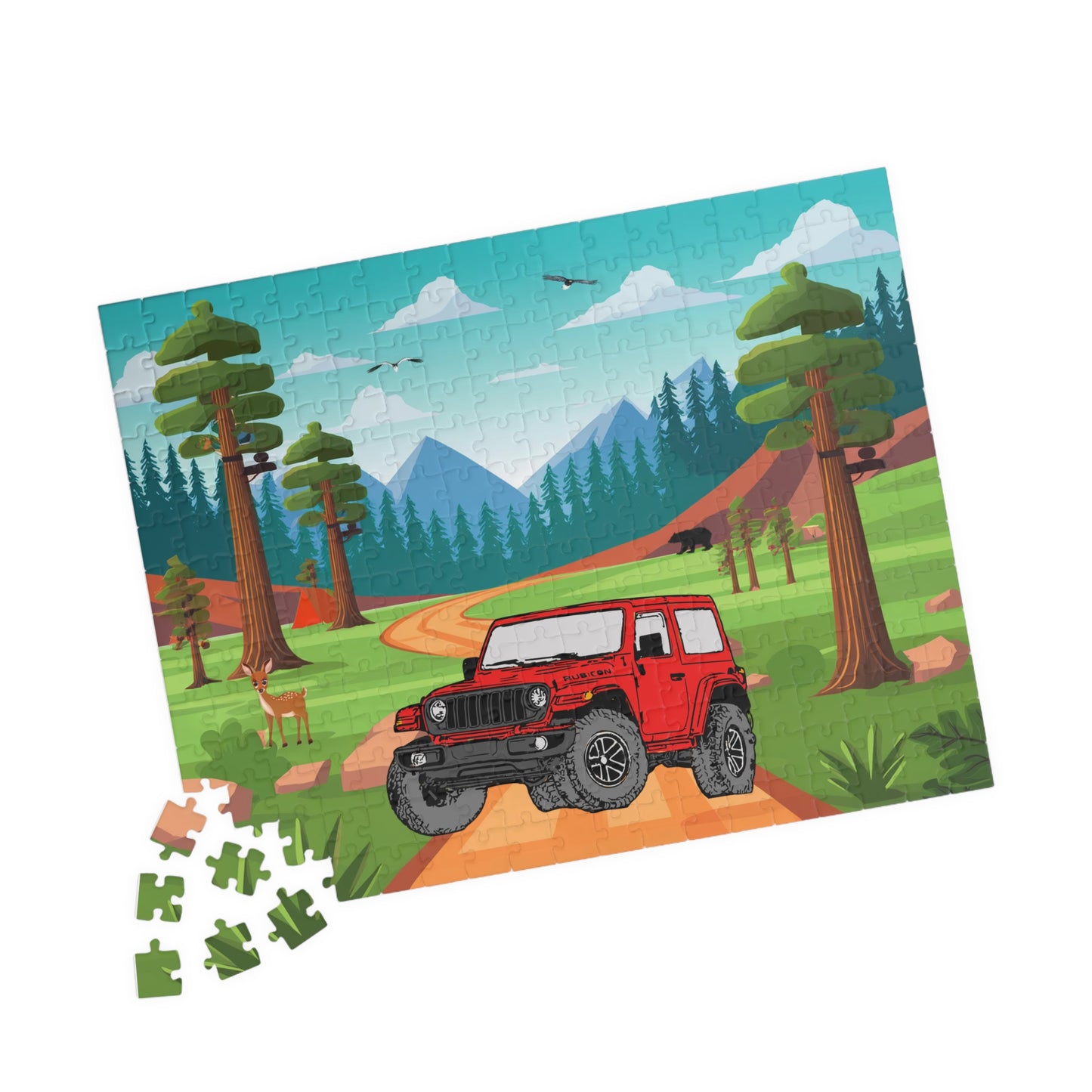 Jigsaw Puzzle, Jeep Wrangler Rubicon Red on Sequoia National Park, 252 Piece Puzzle, Gift for Car Lovers, Fun Family Activity