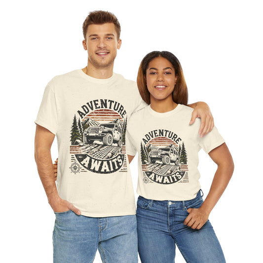 Mountain Adventure Unisex Heavy Cotton Tee, Off-Roading 4x4, Outdoor Nature Shirt, Hiking Camping Gift, Adventure Awaits Tee