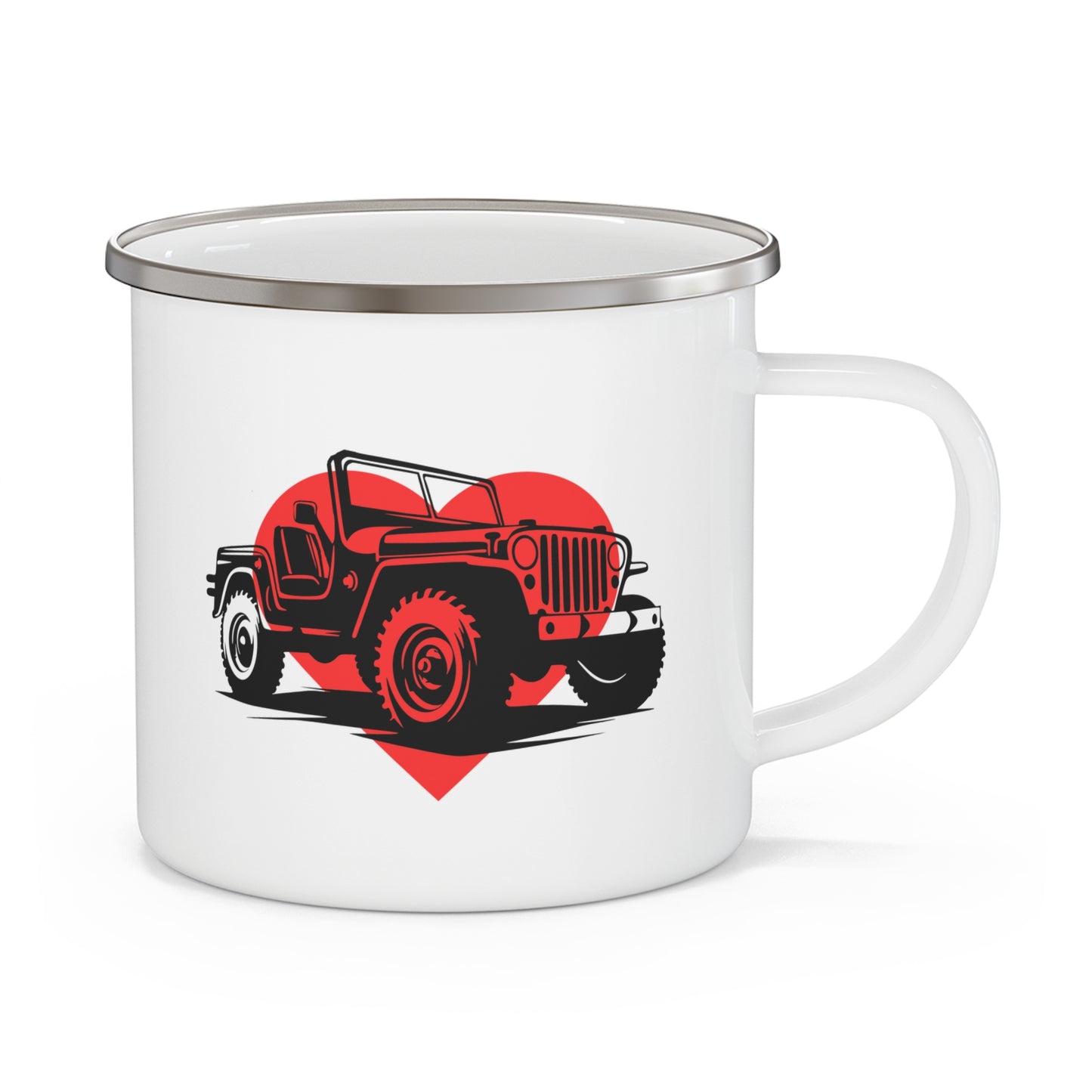 Enamel Camping Mug - Classic Jeep with Red Heart Design, Jeep Lover Gift, Outdoor Adventure Mug, Rustic Camping Cup, Gift for Nature