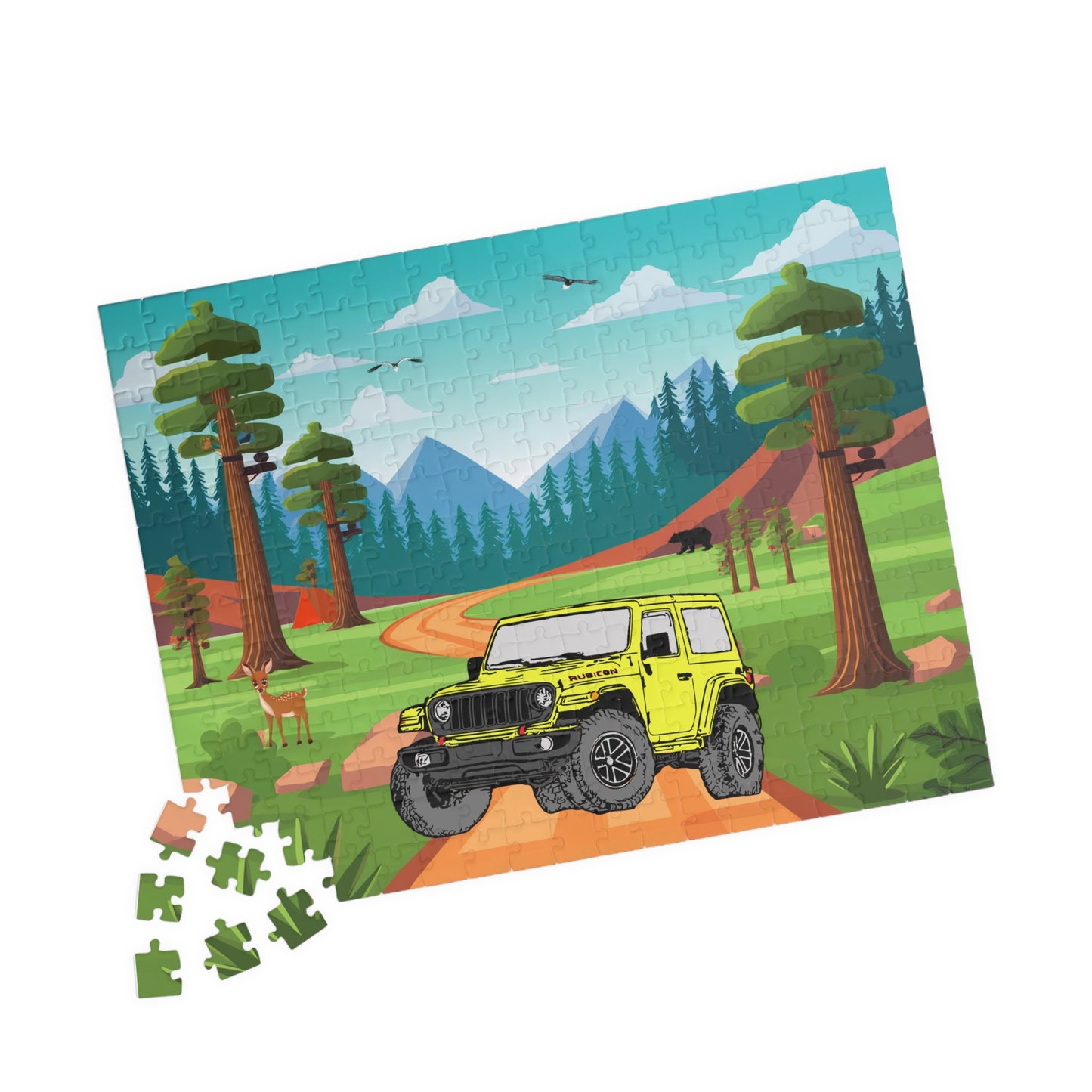 Jigsaw Puzzle, Jeep Wrangler Rubicon Yellow on Sequoia National Park, 252 Piece Puzzle, Gift for Car Lovers, Fun Family Activity