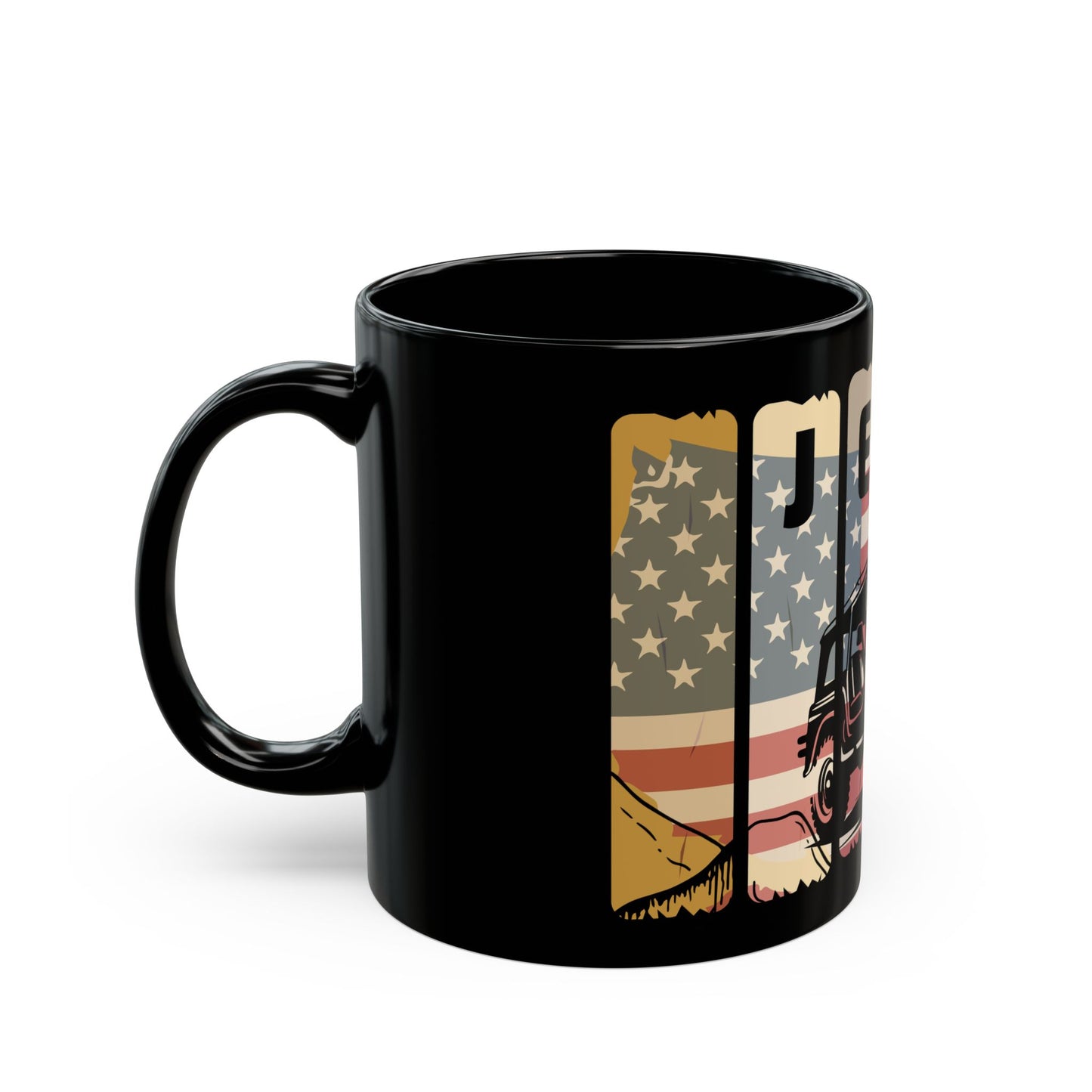 Mug, Jeep Wrangler with American Flag - Patriotic Coffee Cup, Gift for Car Enthusiast, Veterans Day Mug, America Pride Mug, Fourth of July