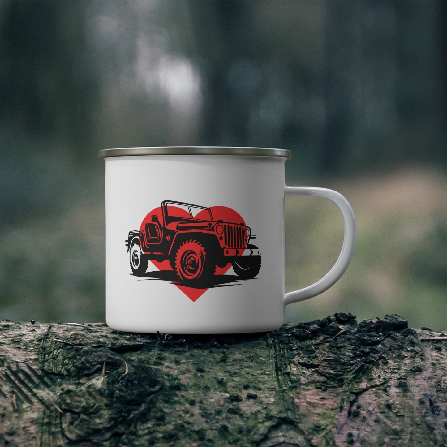 Enamel Camping Mug - Classic Jeep with Red Heart Design, Jeep Lover Gift, Outdoor Adventure Mug, Rustic Camping Cup, Gift for Nature