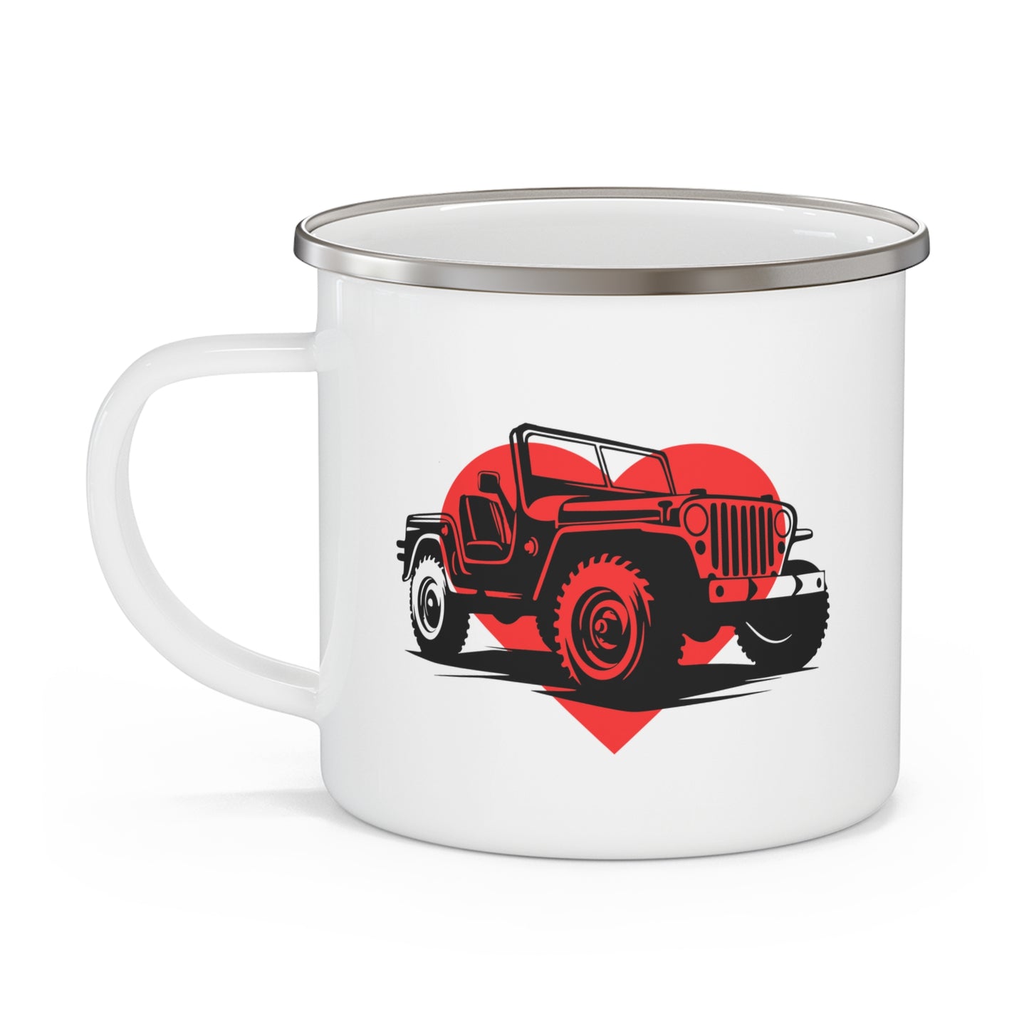 Enamel Camping Mug - Classic Jeep with Red Heart Design, Jeep Lover Gift, Outdoor Adventure Mug, Rustic Camping Cup, Gift for Nature
